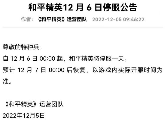 和平精英12月6日停服时间