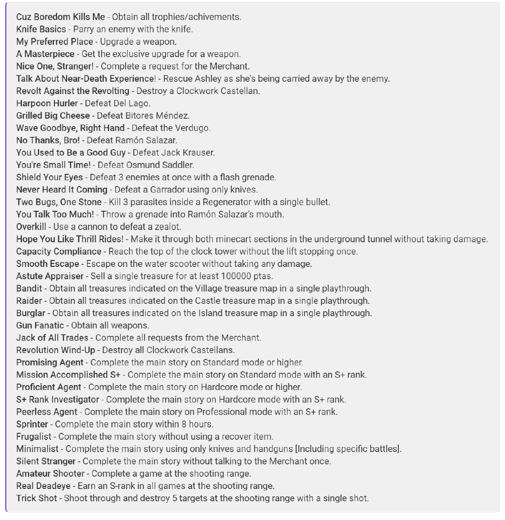 生化危机4重制版奖杯列表一览