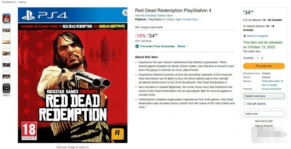 荒野大镖客PS4和NS实体版开启预购 10月13日发售