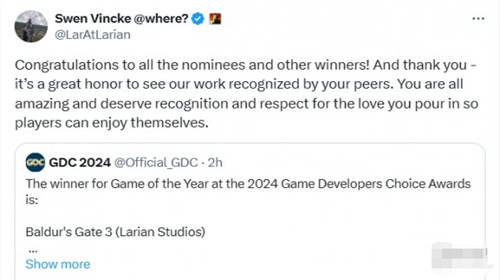 博德之门3获2024年GDC年度最佳游戏完成大满贯